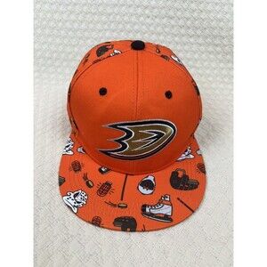 Anaheim Ducks Hat NHL Promotional AOP Hockey Sticks Pucks Adjustable | Orange